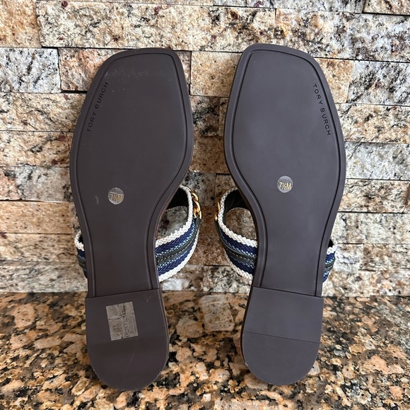 Tory Burch Mini Benton Gold Chain Band Sandal Poblano Green Blue Yonder - Picture 6 of 9